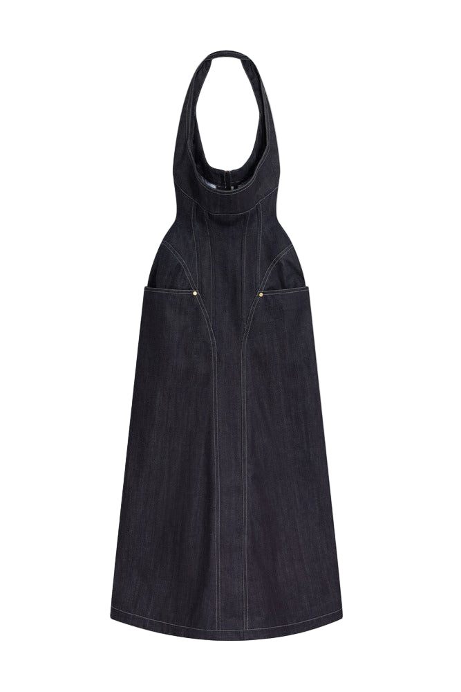 Flowering Girl Women Haltered Corseted Midi Dress Denim In Navy Blue
