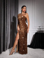 anila Asymmetrical Neck Side Slit bodycon maxi dress in gold