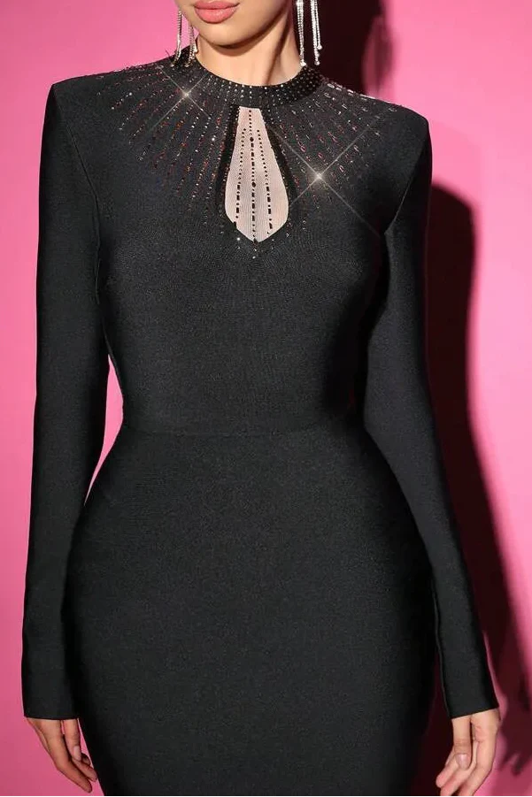 Sara Black Mesh Rhinestones Embellished Bodycon Bandage Maxi Dress