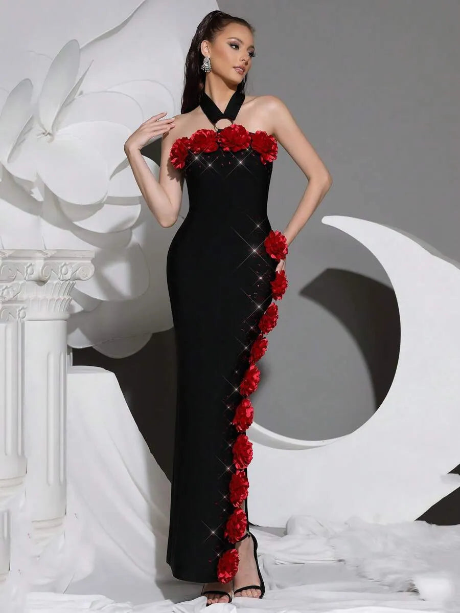 Sebastiane Halterneck Flower Bandage Maxi Dress In Black
