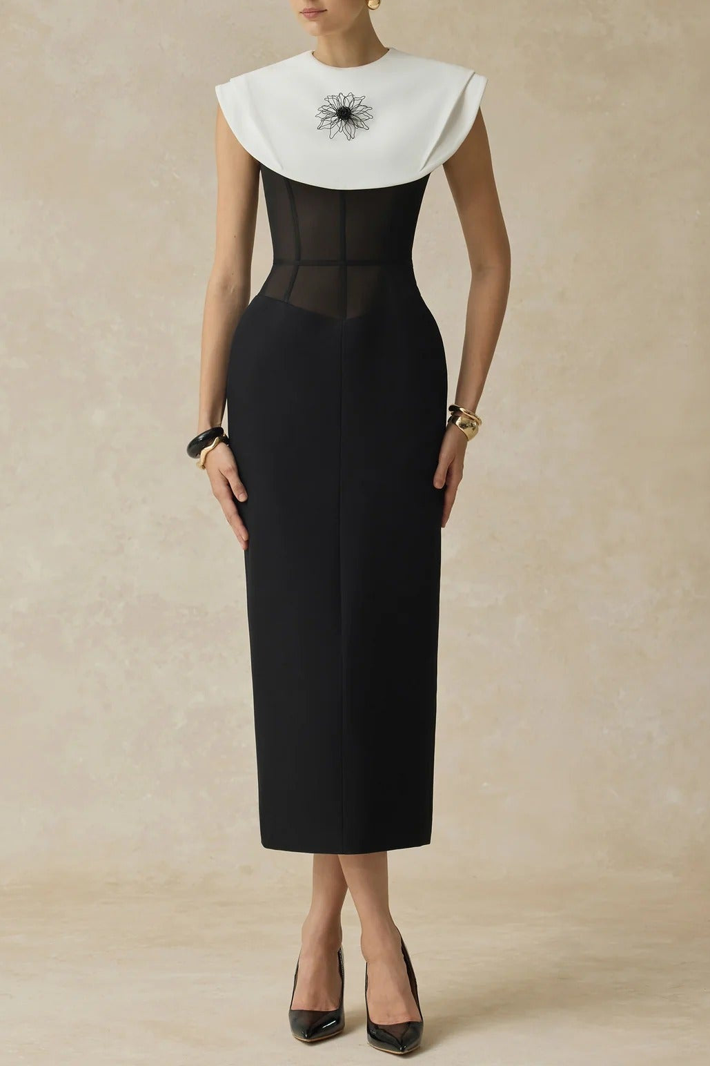 Flowering Girl Women Bernice Black Sleeveless Midi Dress With White Cape