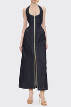 Flowering Girl Women Haltered Corseted Midi Dress Denim In Navy Blue