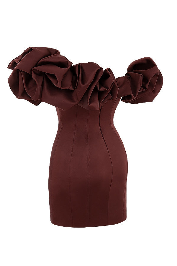Flowering Girl Women Burgundy Satin Ruffle Strapless Mini Dress