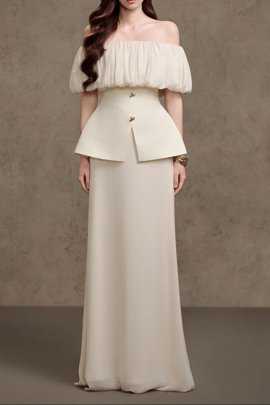 Karen Straight Plain Foam Silk Strapless Maxi Dress In White