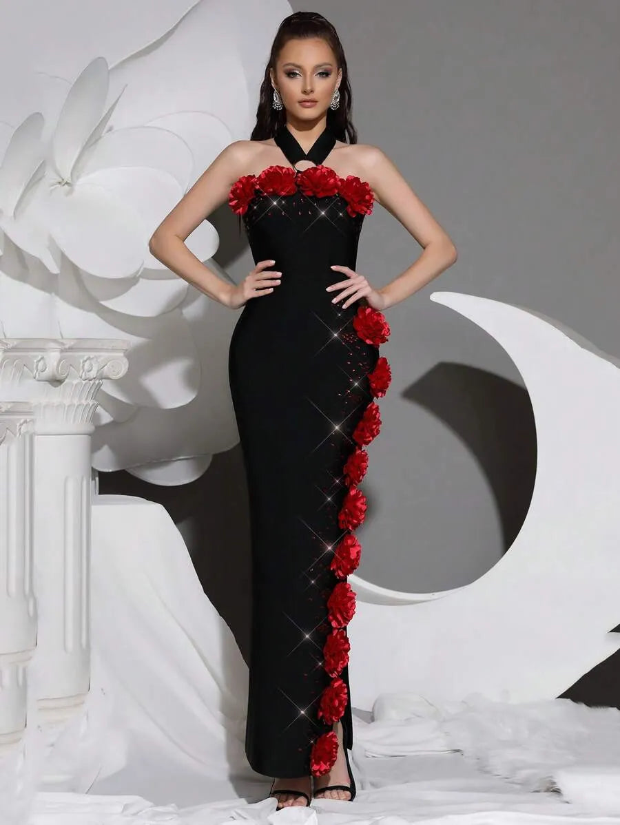 Sebastiane Halterneck Flower Bandage Maxi Dress In Black
