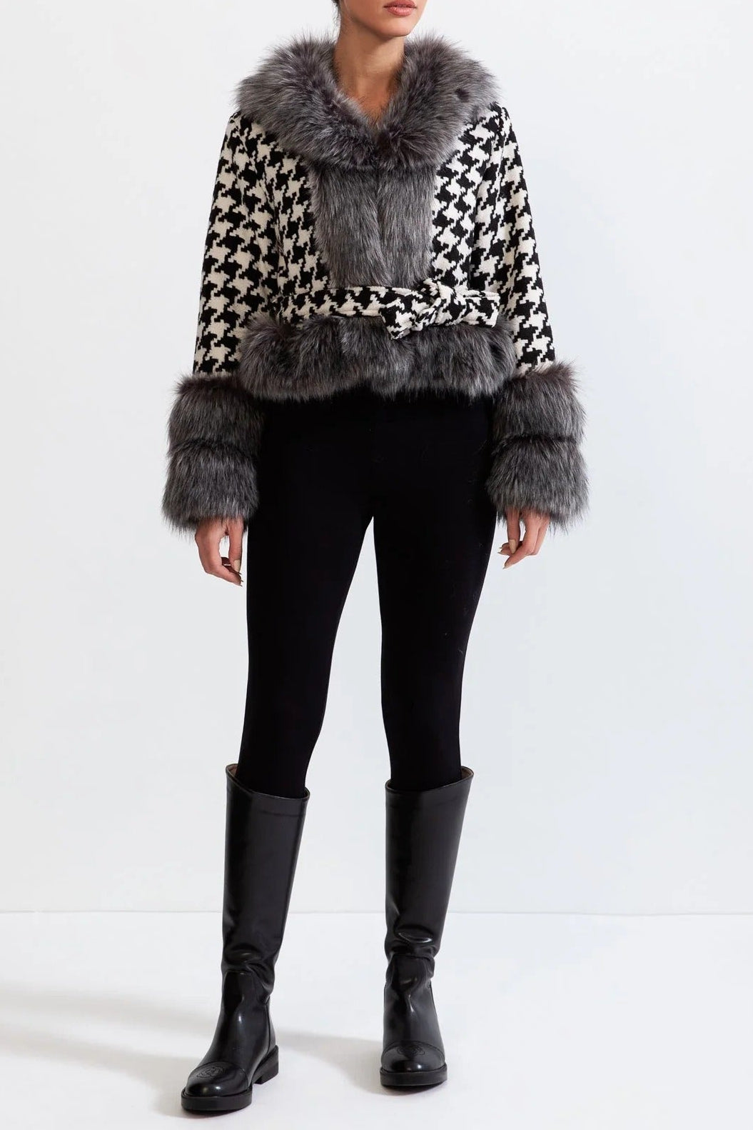 Natividad Houndstooth Wool Belted Coat With Fur