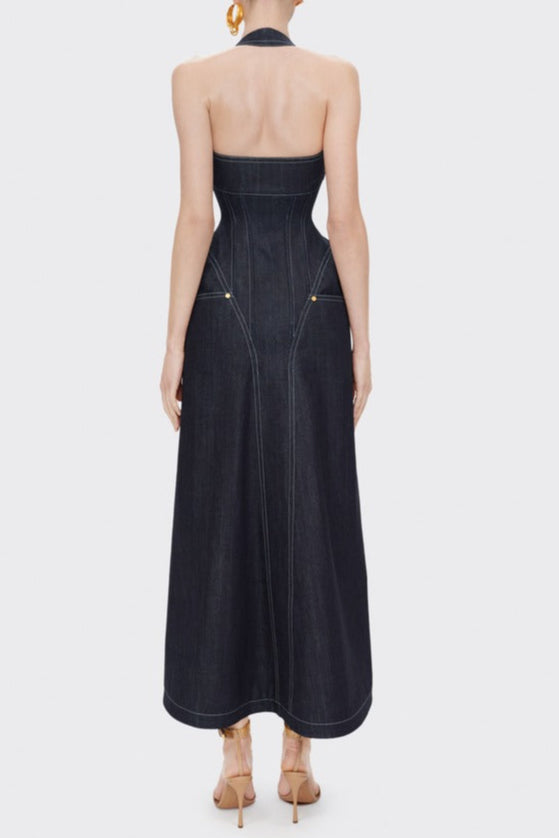 Flowering Girl Women Haltered Corseted Midi Dress Denim In Navy Blue