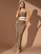 Flowering Girl Women Cora White Striped Patchwork Maxi Bandage Set - Brown