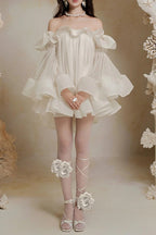 Flowering Girl Women Bernice Ruffle Layer Crinkle Chiffon Mini Dress In White