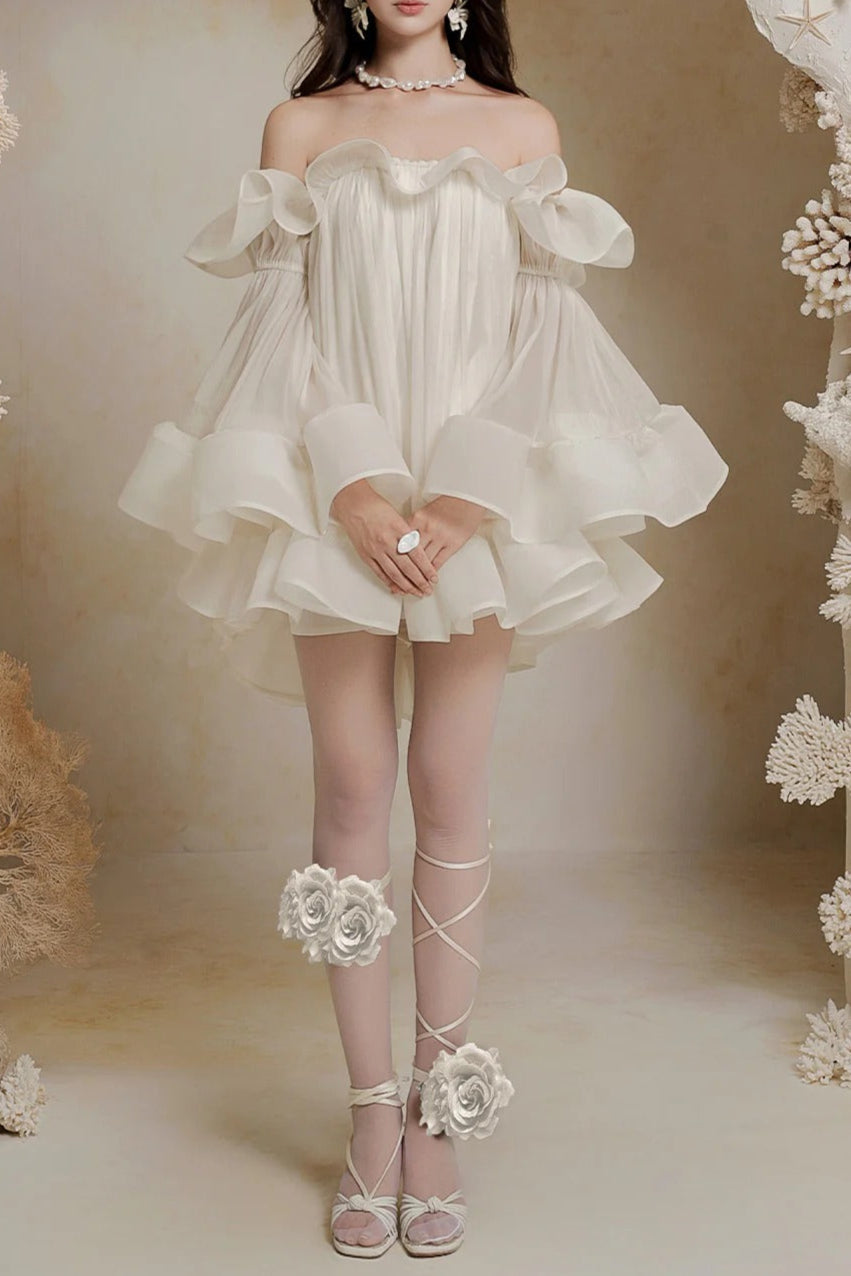 Flowering Girl Women Bernice Ruffle Layer Crinkle Chiffon Mini Dress In White