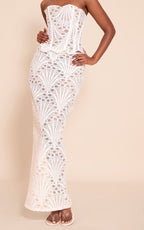 White Textured Floral Lace Maxi Skirt