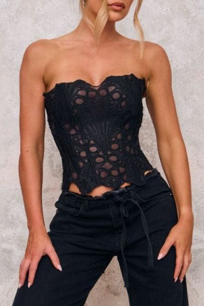 Flowering Girl Women Black Textured Sheer Floral Lace Corset