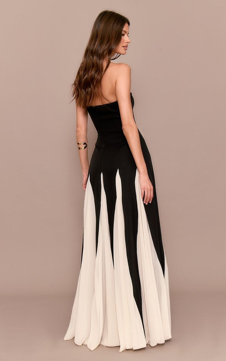 Flowering Girl Women Black Bandeau Contrast Chiffon Pleated Maxi Dress