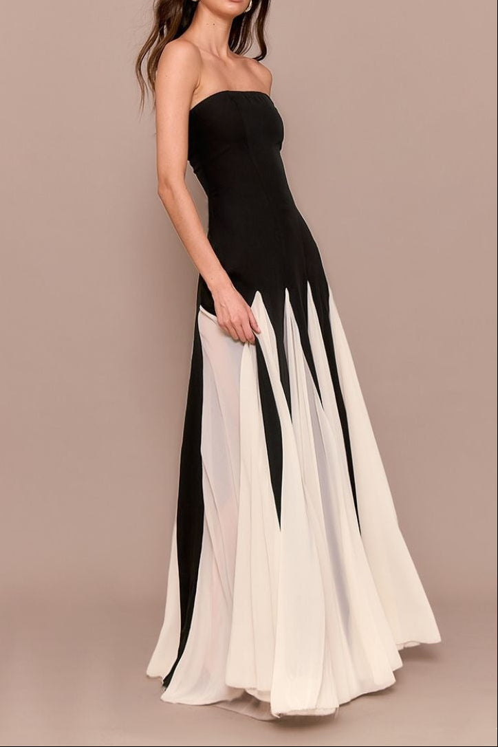 Flowering Girl Women Black Bandeau Contrast Chiffon Pleated Maxi Dress