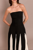 Flowering Girl Women Black Bandeau Contrast Chiffon Pleated Maxi Dress