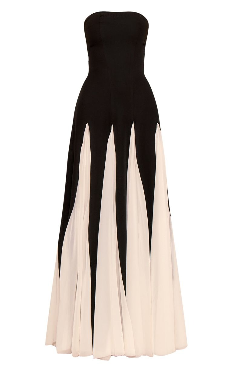 Flowering Girl Women Black Bandeau Contrast Chiffon Pleated Maxi Dress