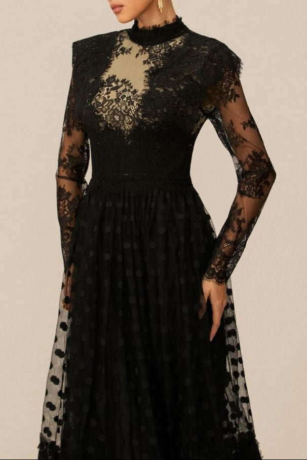 Flowering Girl Women Elegant Enchantment Black Polka Dot Lace Maxi Dress
