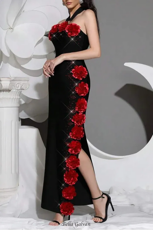 sebastiane Halterneck Flower Bandage Maxi Dress in black