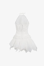 astrid Halter neck 3D flower lace puffy mini dress in white