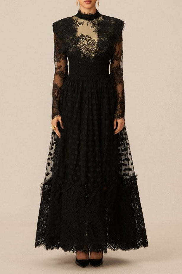 Flowering Girl Women Elegant Enchantment Black Polka Dot Lace Maxi Dress