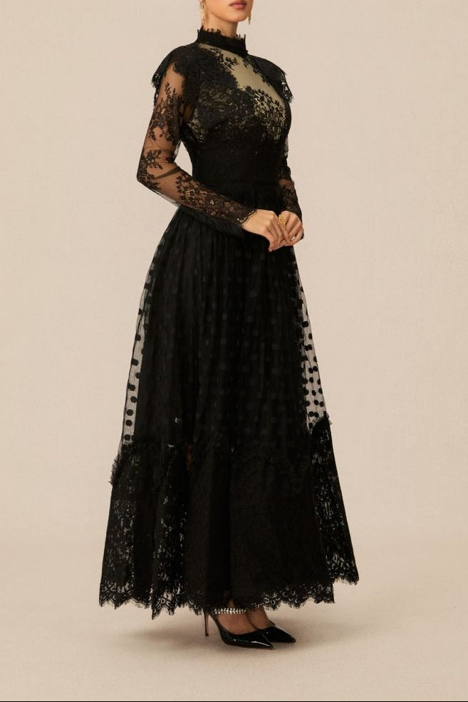 Flowering Girl Women Elegant Enchantment Black Polka Dot Lace Maxi Dress