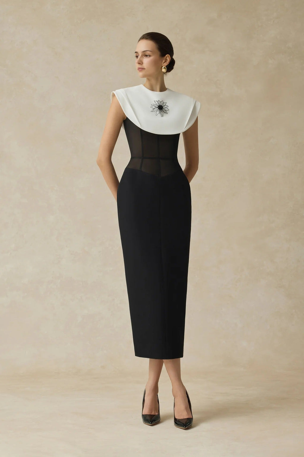 Flowering Girl Women Bernice Black Sleeveless Midi Dress With White Cape