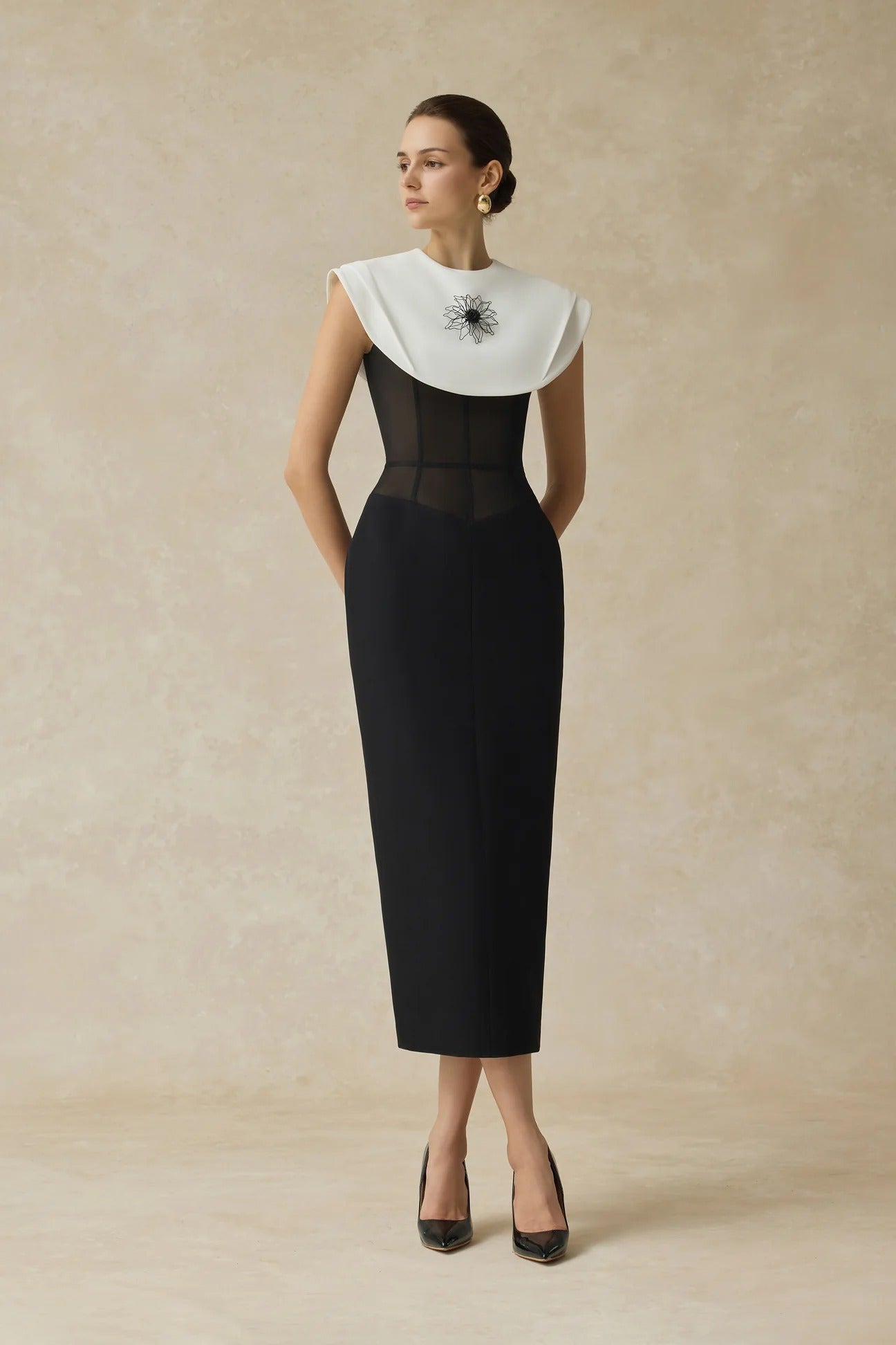 Flowering Girl Women Bernice Black Sleeveless Midi Dress With White Cape