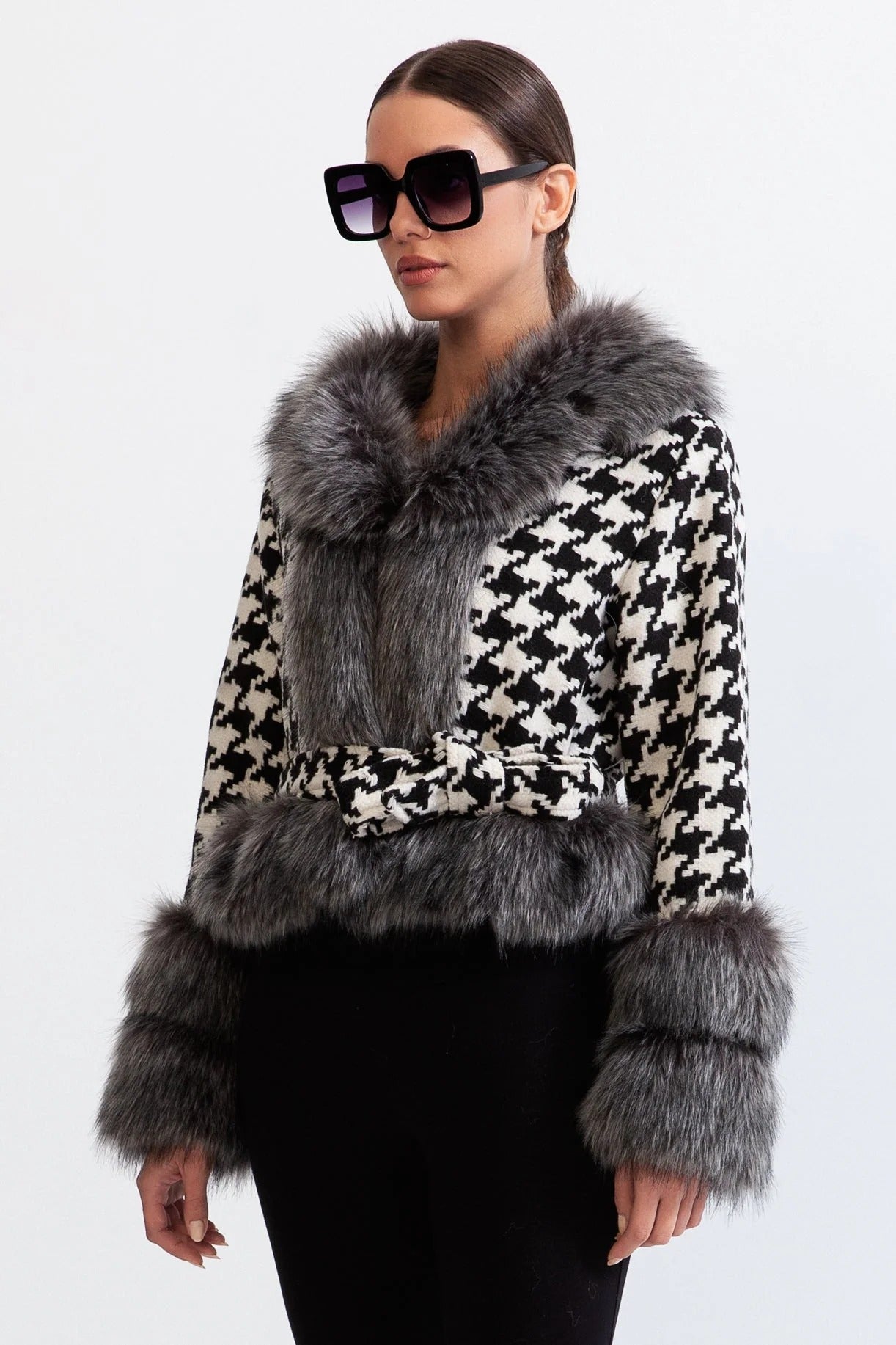Natividad Houndstooth Wool Belted Coat With Fur