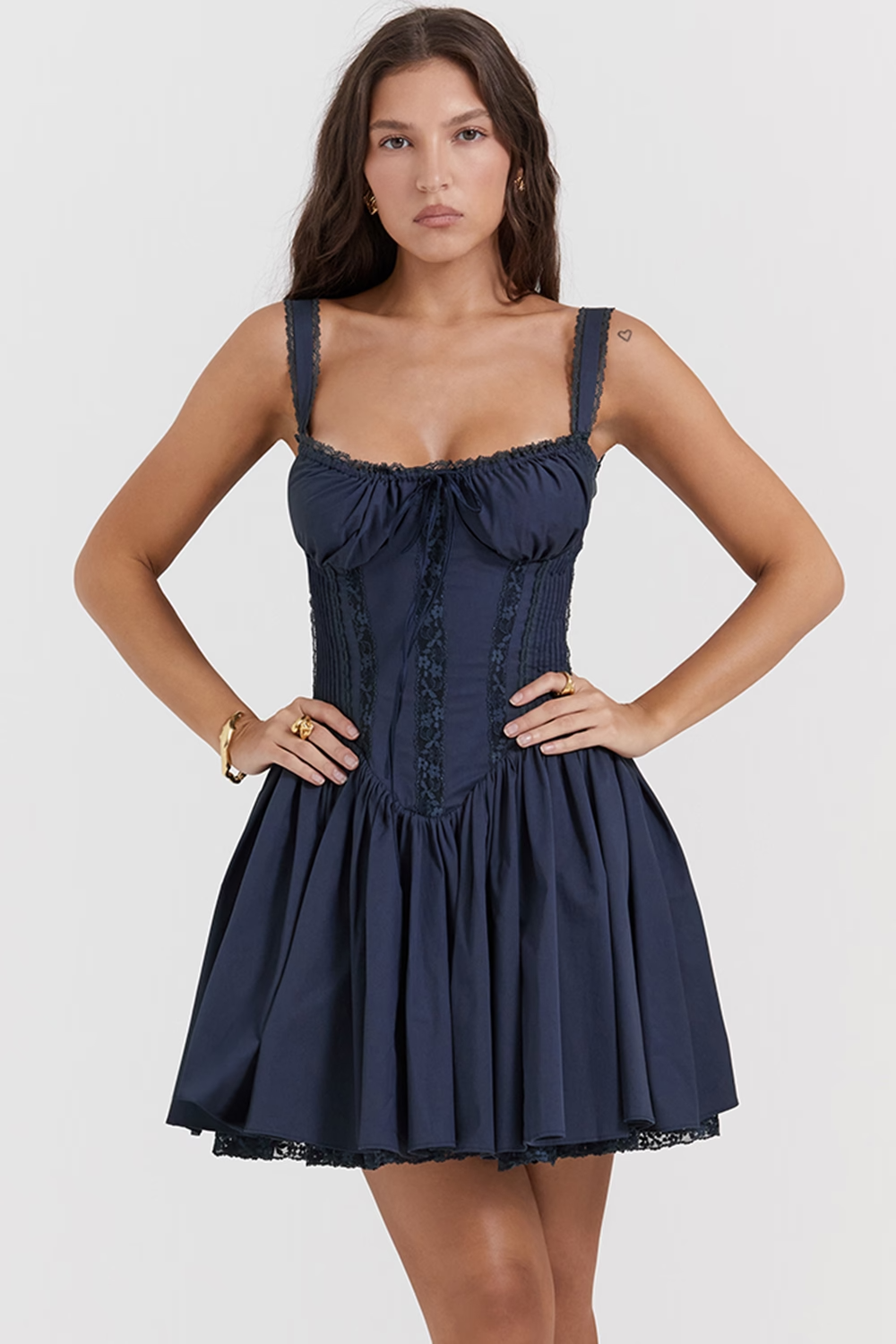 Flowering Girl Women Plunge v-Neck Mini Dress In Navy