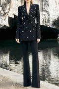 Flowering Girl Women Myra Black Straight Flared Velvet Floor Length Pants Rhinestone Blazer Set