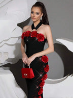 Sebastiane Halterneck Flower Bandage Maxi Dress In Black