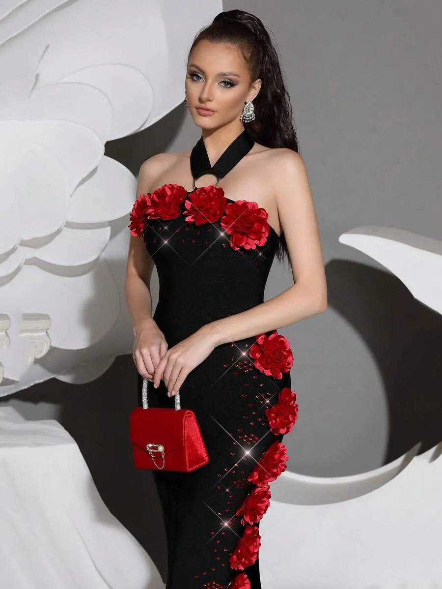 Sebastiane Halterneck Flower Bandage Maxi Dress In Black