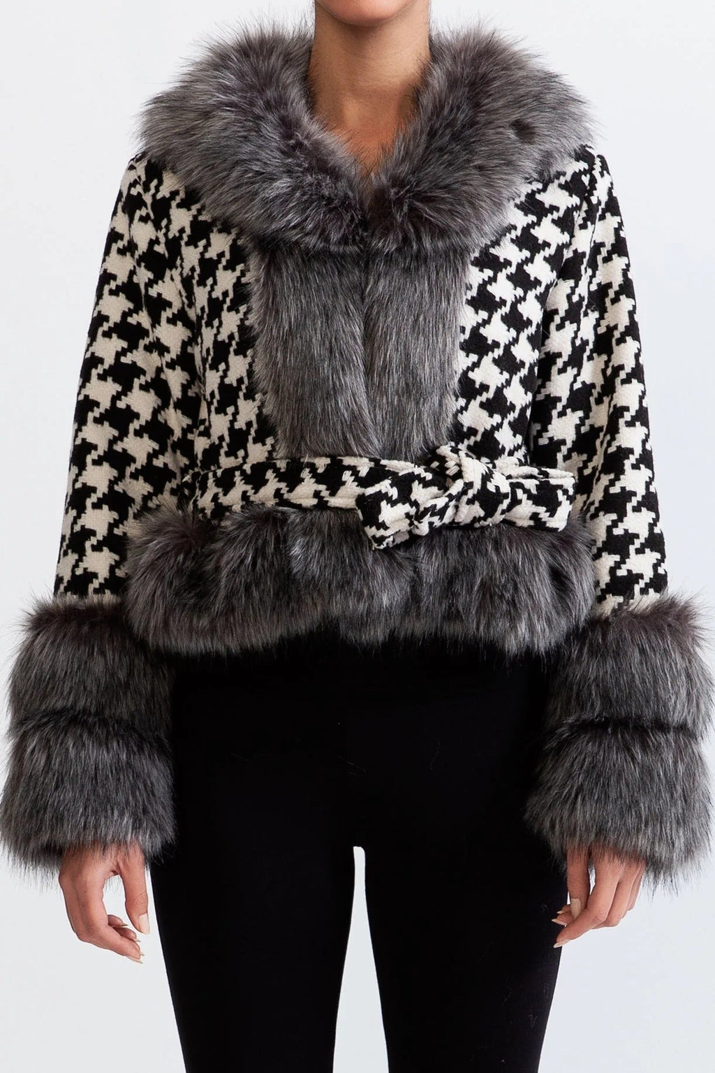 Natividad Houndstooth Wool Belted Coat With Fur