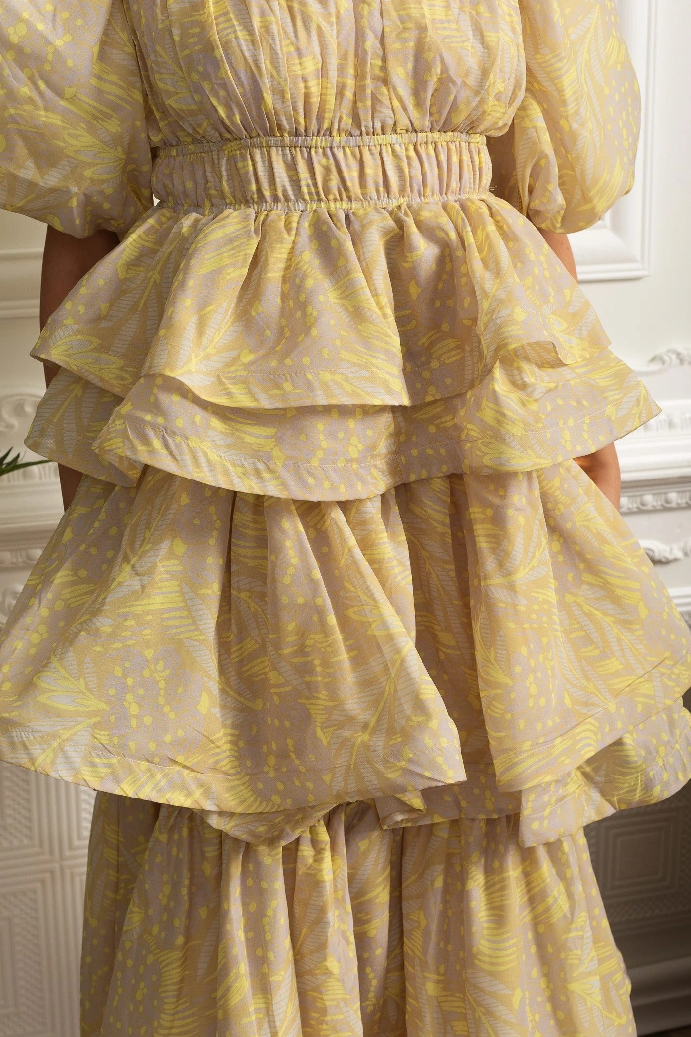 Kristin Puff Sleeve Tiered Ruffle Midi Dress - Yellow