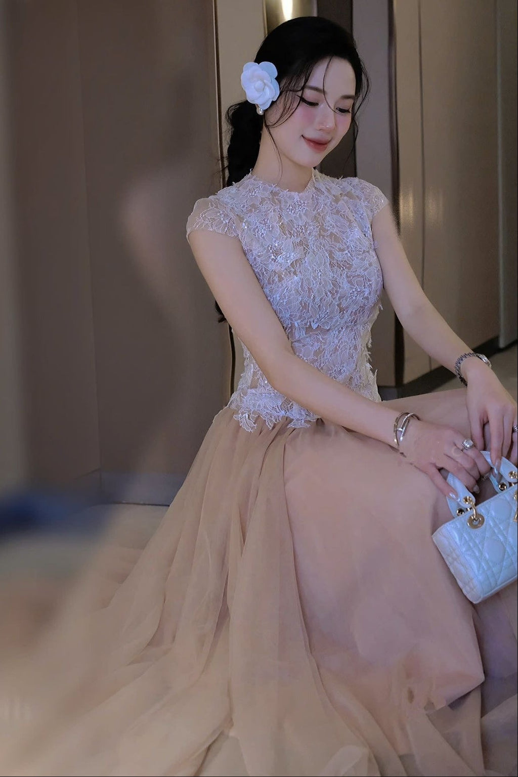 elvira Sequin lace crochet patchwork mesh maxi dress in brown