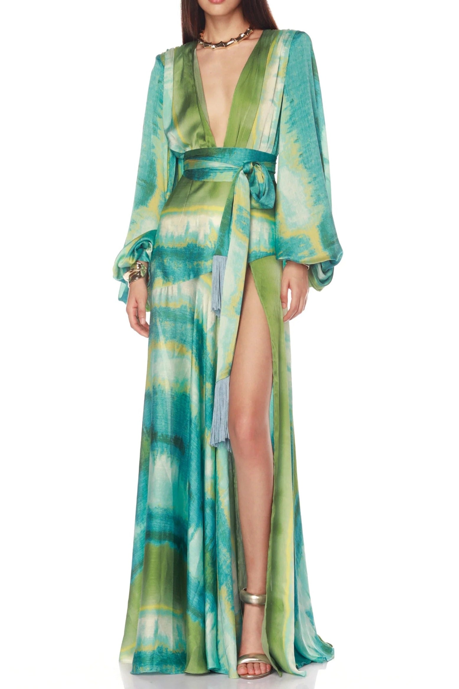 Green multicolor floral print puff sleeve maxi dress
