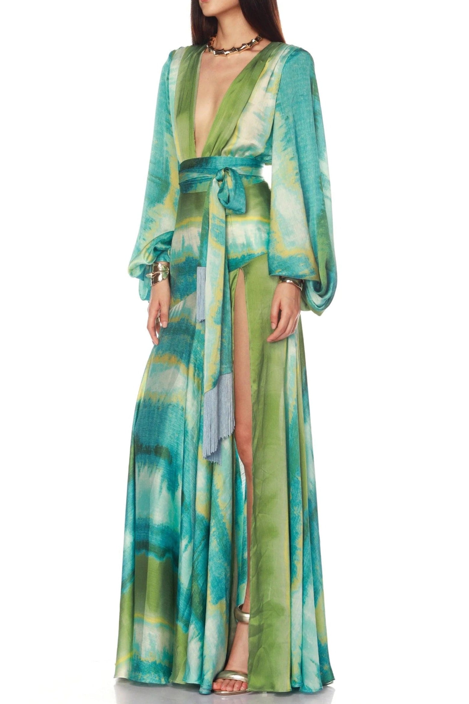 Flowering Girl Women Green Multicolor Floral Print Puff Sleeve Maxi Dress