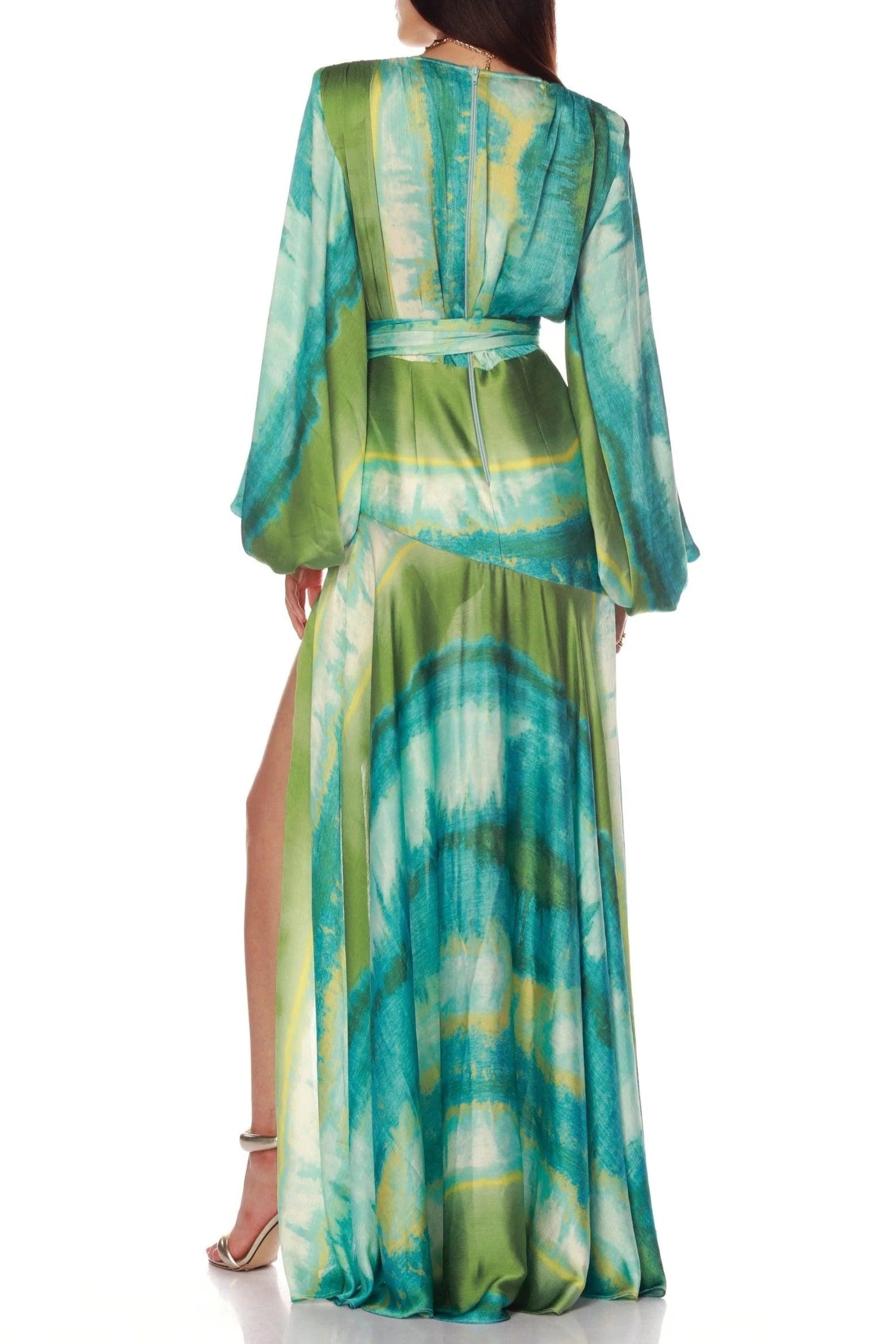 Flowering Girl Women Green Multicolor Floral Print Puff Sleeve Maxi Dress