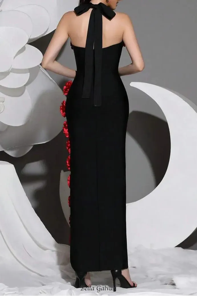 sebastiane Halterneck Flower Bandage Maxi Dress in black
