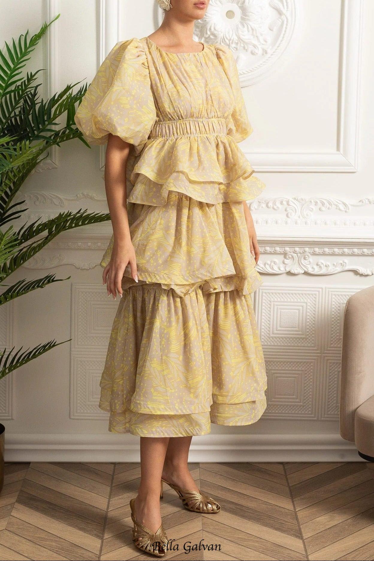 kristin Puff Sleeve Tiered Ruffle Midi Dress - Yellow