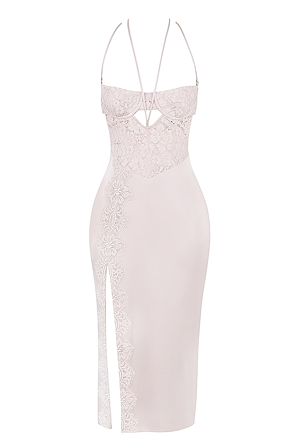 Flowering Girl Women Apricot Crystal Satin Lace Cutout Midi Dress