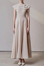 A-line Jewel Neck Viscose Ankle maxi Dress in beige
