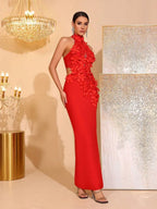Celeste 3d Flower Halter High Slit Backless Maxi Dress In Red