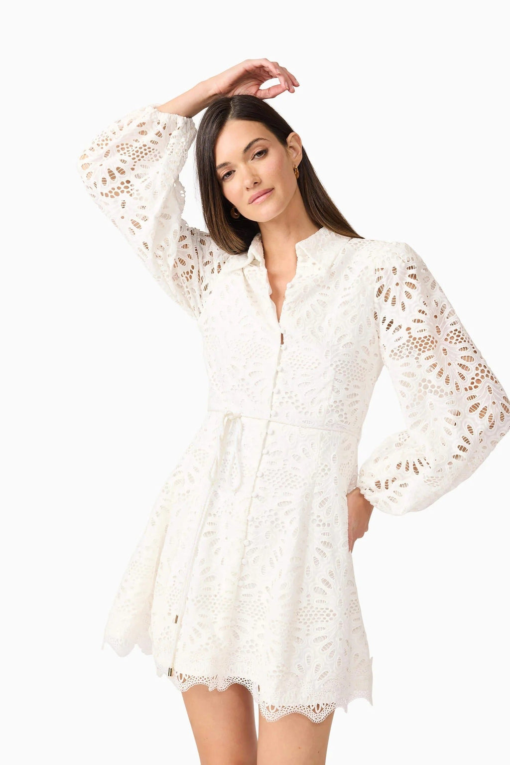 lapel hollow embroidery puff sleeve mini dress in white