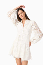 Flowering Girl Women Lapel Hollow Embroidery Puff Sleeve Mini Dress In White