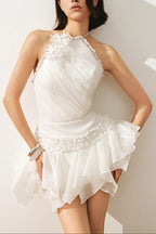 Flowering Girl Women Astrid Halter Neck 3D Flower Lace Puffy Mini Dress In White