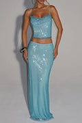 Flowering Girl Women Melissa Sequin Tube Top Maxi Skirt Suit In Blue