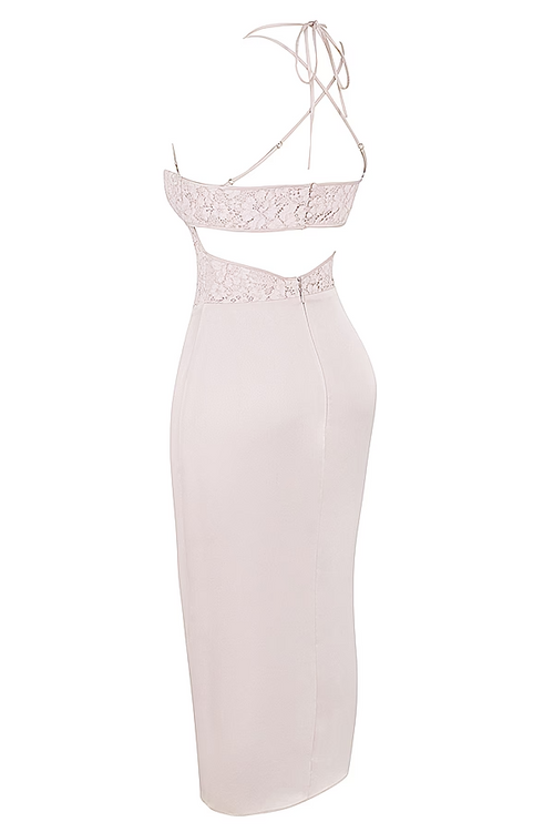 Flowering Girl Women apricot crystal satin lace cutout midi dress