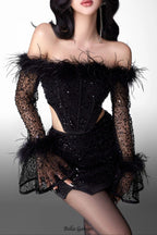 black Off-shoulder top Short mesh skirt Set
