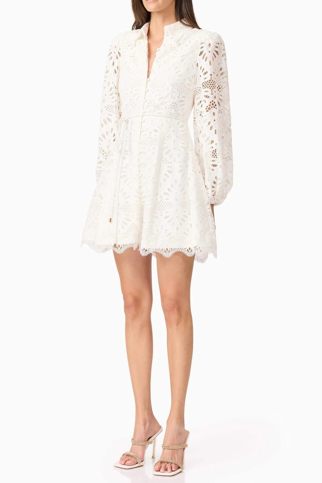 Flowering Girl Women Lapel Hollow Embroidery Puff Sleeve Mini Dress In White